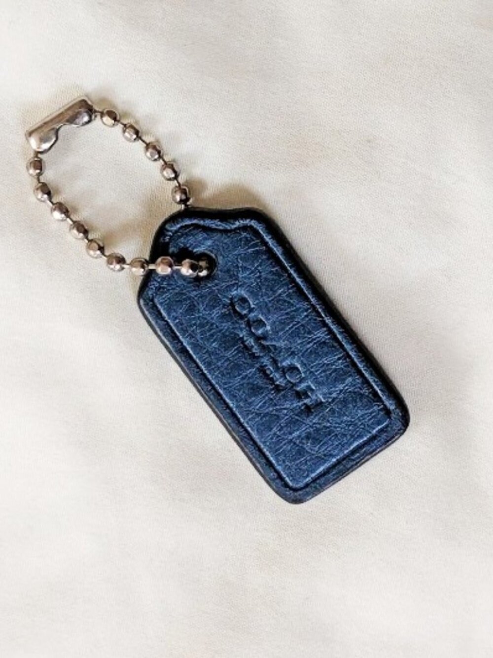 Coach Mini Hang Tag 1.5" Charm Metallic Pebble Leather Blue Silver Ball Chain
